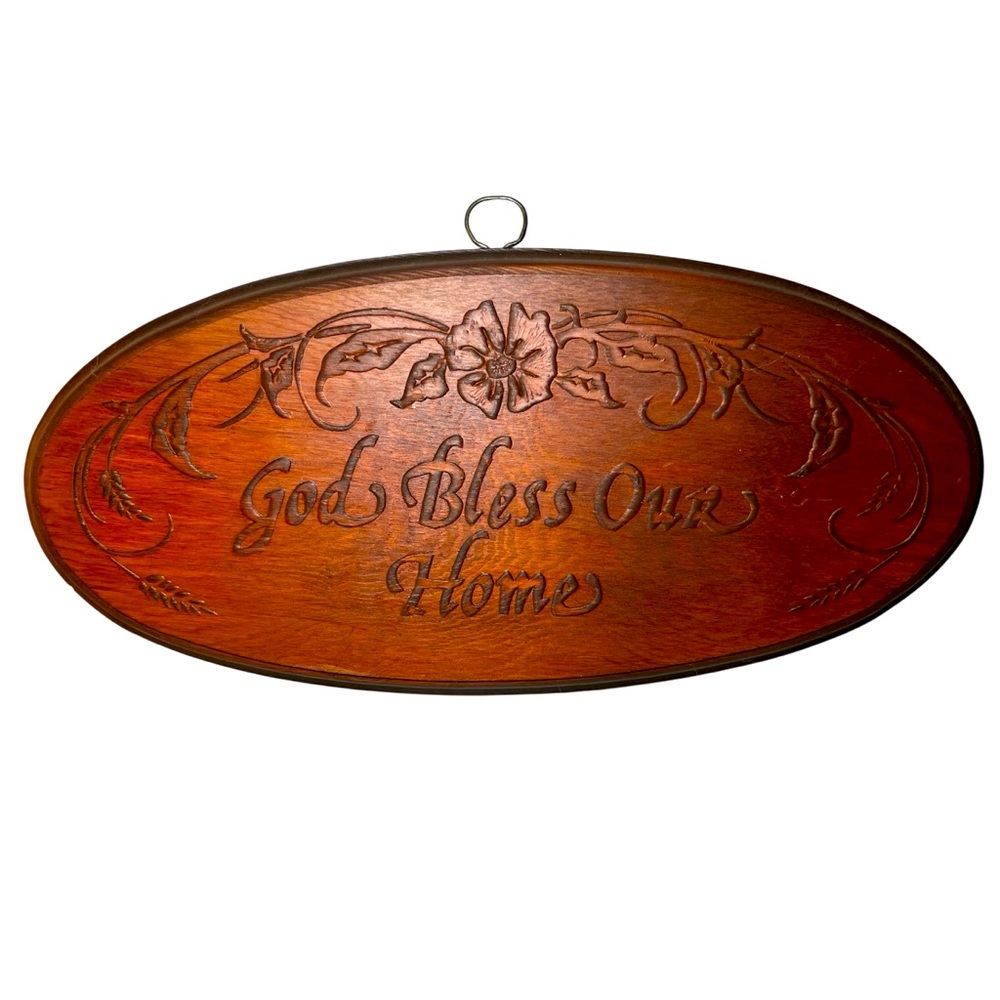 GOD BLESS OUR HOME Wooden Carved Sign Wall Decor God Christian Vtg 1980s Oval
